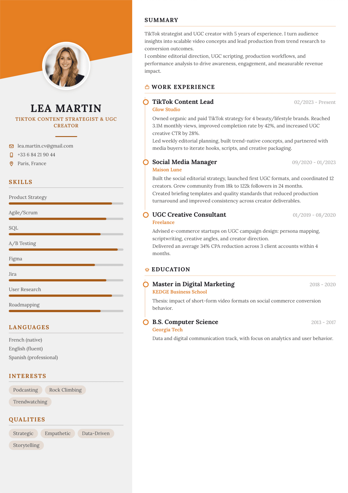 Orange accent CV template